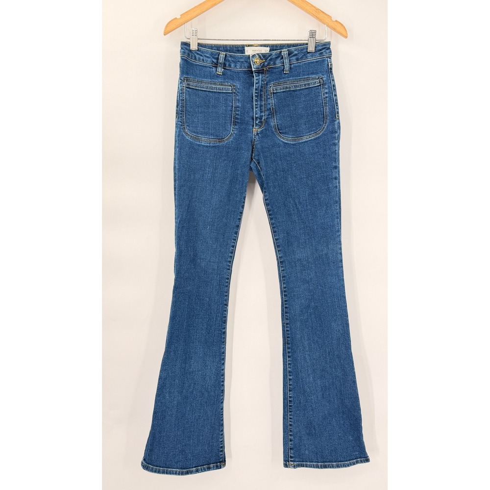Mango Flare Jeans Womens 6 Blue High Waist Patch Pocket Denim Retro 70s Style